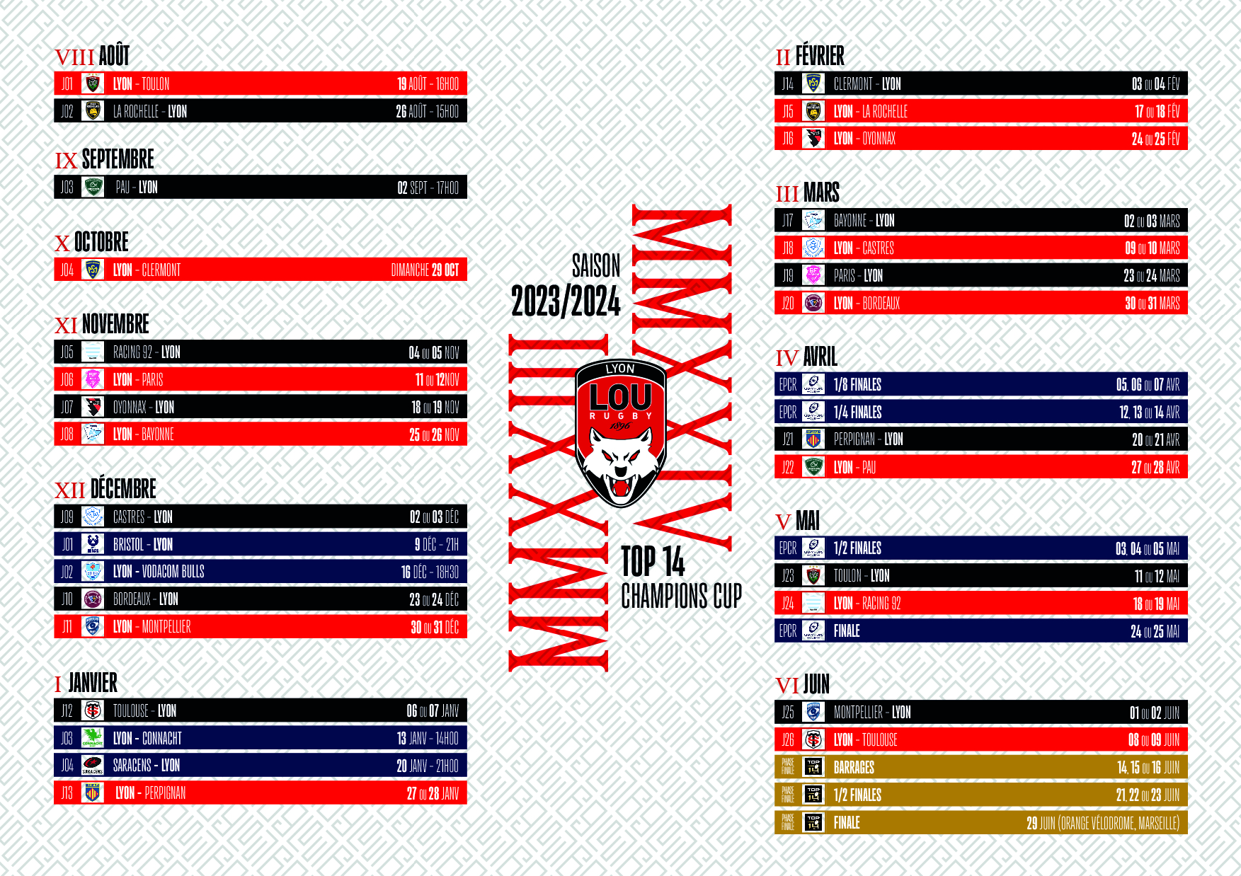 Calendrier saison 2023/2024